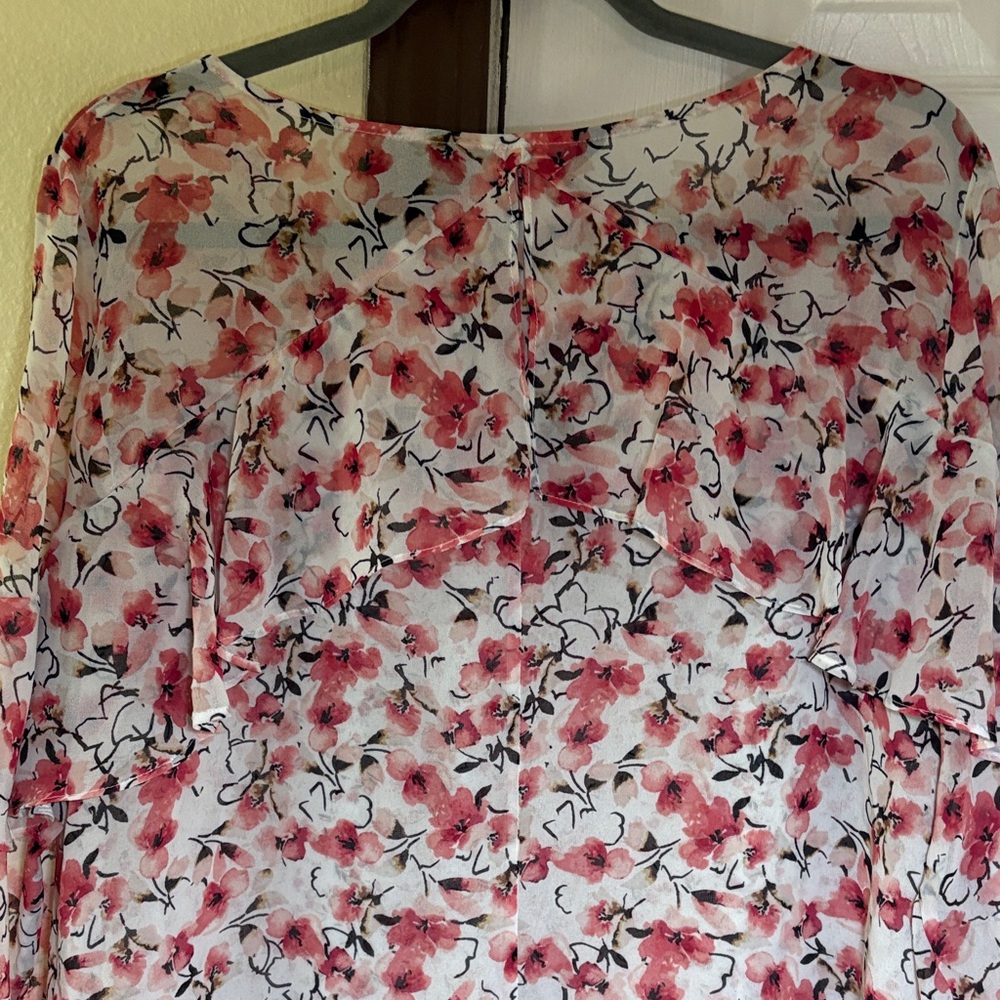 White House Black Market Pink Floral Sheer Ruffle Blouse - Picture 7 of 12